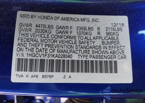 2019 Honda Accord Sport из США, поврежденный, VIN 1HGCV1F31KA028040